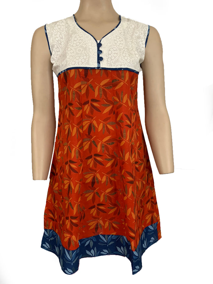 Tunic for Women Blue Leaf with V-Neck White and Red Piping around Neck Sleeveless Kurti, Kurta Tunic Top.