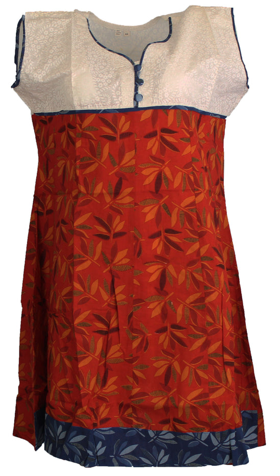 Tunic for Women Blue Leaf with V-Neck White and Red Piping around Neck Sleeveless Kurti, Kurta Tunic Top.