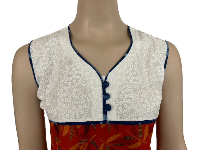 Tunic for Women Blue Leaf with V-Neck White and Red Piping around Neck Sleeveless Kurti, Kurta Tunic Top.