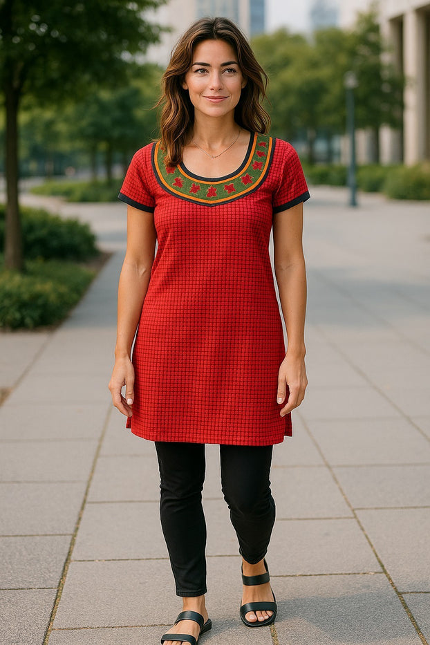 Tunic for Women Polkdot  Design with flower Patchwork Round neckline, Short Sleeves Kurta Top.