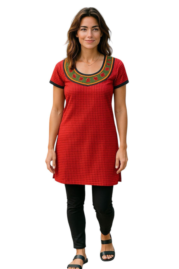 Tunic for Women Polkdot  Design with flower Patchwork Round neckline, Short Sleeves Kurta Top.