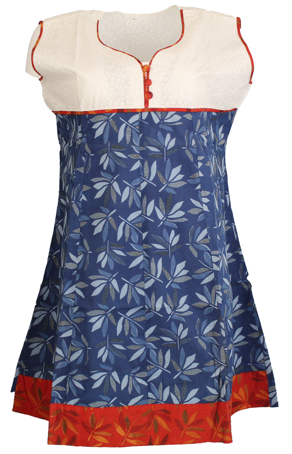 Tunic for Women Blue Leaf with V-Neck White and Red Piping around Neck Sleeveless Kurti, Kurta Tunic Top.