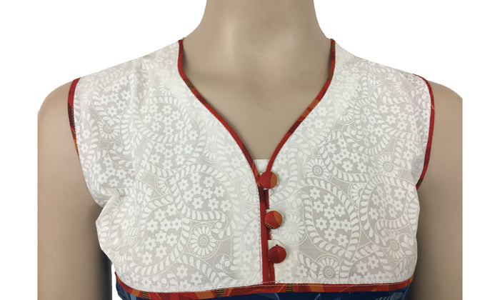 Tunic for Women Blue Leaf with V-Neck White and Red Piping around Neck Sleeveless Kurti, Kurta Tunic Top.