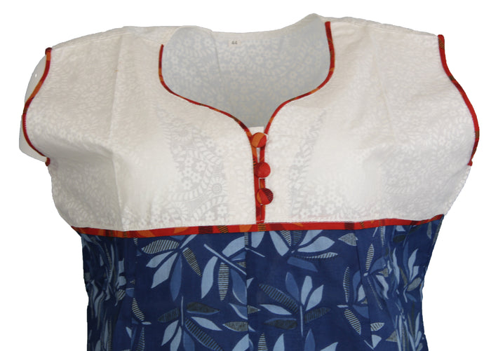 Tunic for Women Blue Leaf with V-Neck White and Red Piping around Neck Sleeveless Kurti, Kurta Tunic Top.