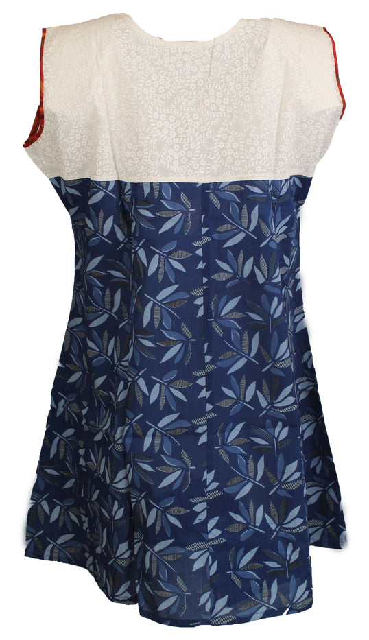 Tunic for Women Blue Leaf with V-Neck White and Red Piping around Neck Sleeveless Kurti, Kurta Tunic Top.