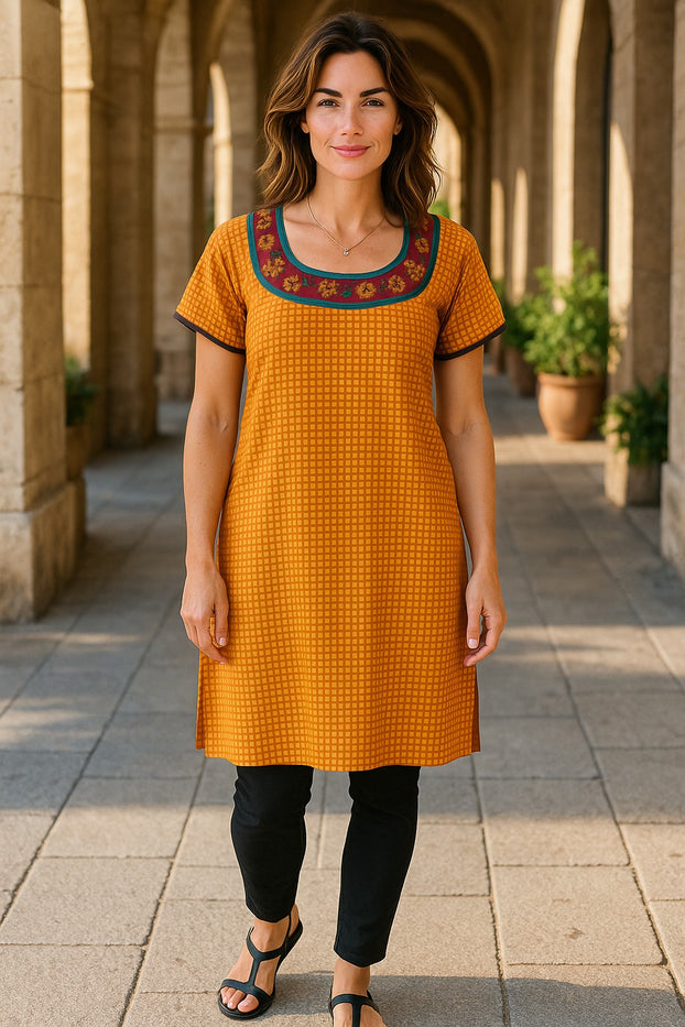 Tunic for Women Polkdot  Design with flower Patchwork Round neckline, Short Sleeves Kurta Top.