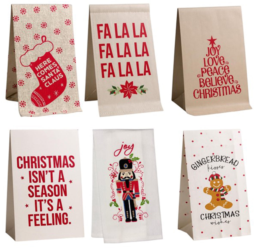 Set of 6, 100% Cotton Assorted Funny Christmas Kitchen Towels with Sentiments on White & Dark Linen Soft and Absorbent Tea Towels / Kitchen Towel Size: 15” x 25".