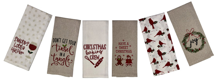 Set of 6, 100% Cotton Assorted Funny Christmas Kitchen Towels with Sentiments on White & Dark Linen Soft and Absorbent Tea Towels / Kitchen Towel Size: 15” x 25".