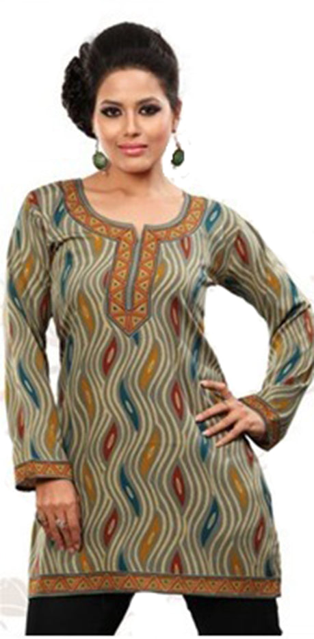 Tunic for Women Round Neck Short Printed Crape Kurti Kurta Long Sleeves Tunic Top. 124-L