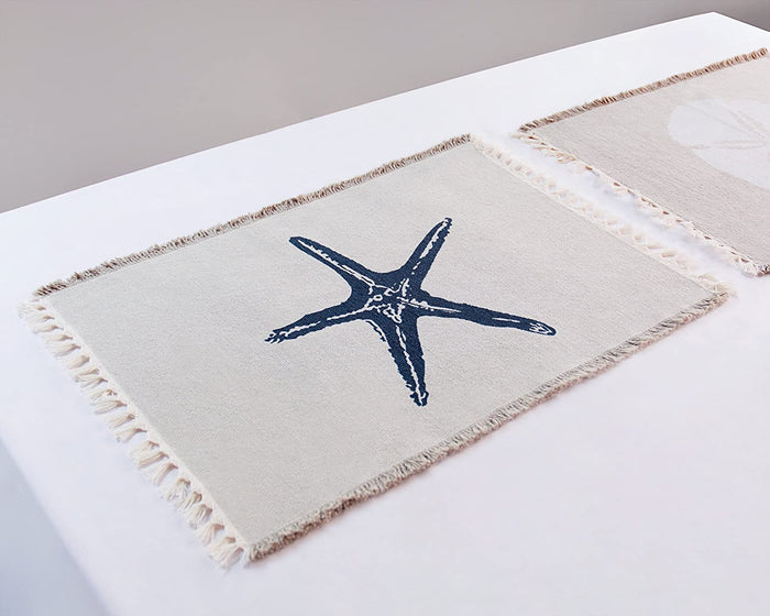 Costal Nautical Blue Starfish Design Kitchen Placemats for Dining Table Set of 4 - 100% Cotton Machine Washable Place Mat Size: 13” x 19”.