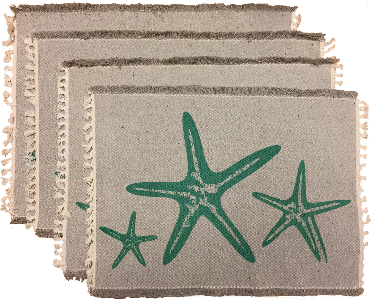 Costal Nautical Green Starfish Design Kitchen Placemats for Dining Table Set of 4 - 100% Cotton Machine Washable Place Mat Size: 13” x 19”.