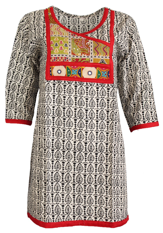 Tunic for Women Leaf Design Red Velvet V-Neck Yoke with Embroidery, 3/4 Sleeves, Long Kurti, Kurta Tunic Top.