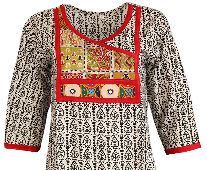 Tunic for Women Leaf Design Red Velvet V-Neck Yoke with Embroidery, 3/4 Sleeves, Long Kurti, Kurta Tunic Top.