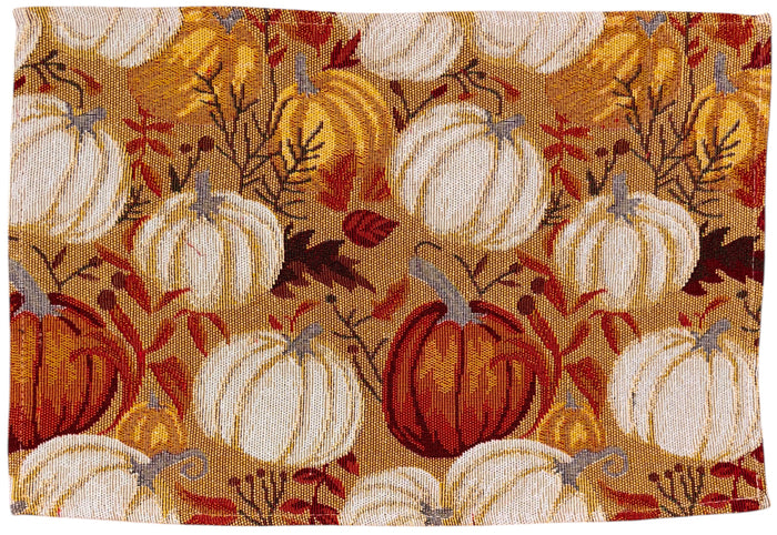 White and Orange Lot of Pumpkin Design Set of 4 Placemats for Fall, Thanksgiving Kitchen Dining Table Easy to Clean, Machine Washable, Size: 13” x 19”.