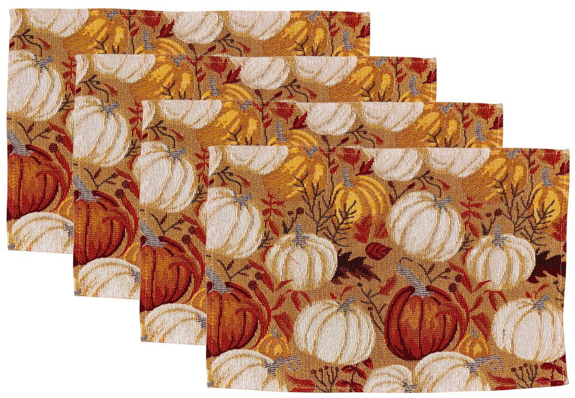 White and Orange Lot of Pumpkin Design Set of 4 Placemats for Fall, Thanksgiving Kitchen Dining Table Easy to Clean, Machine Washable, Size: 13” x 19”.