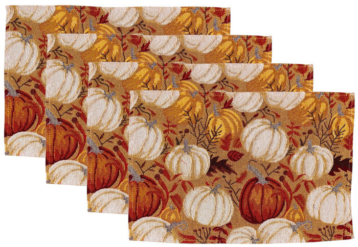White and Orange Lot of Pumpkin Design Set of 4 Placemats for Fall, Thanksgiving Kitchen Dining Table Easy to Clean, Machine Washable, Size: 13” x 19”.