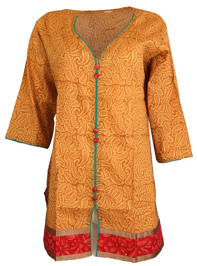 100% Cotton Women Print V-neck with Piping Long Kurti Kurta 3/4 Sleeves Tunic Top, Slit Open Front and side.