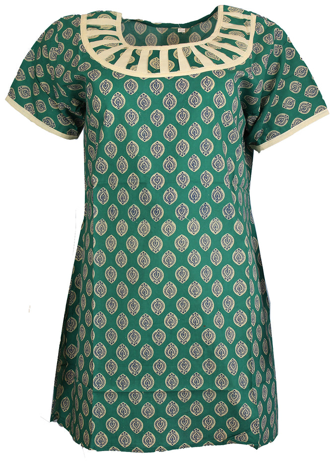 Tunic for Women 100% Cotton Round Neck, Short Sleeves Leaf Kurti Off white and Matching Kurti Neckless Design Long Kurta Tunic Top.