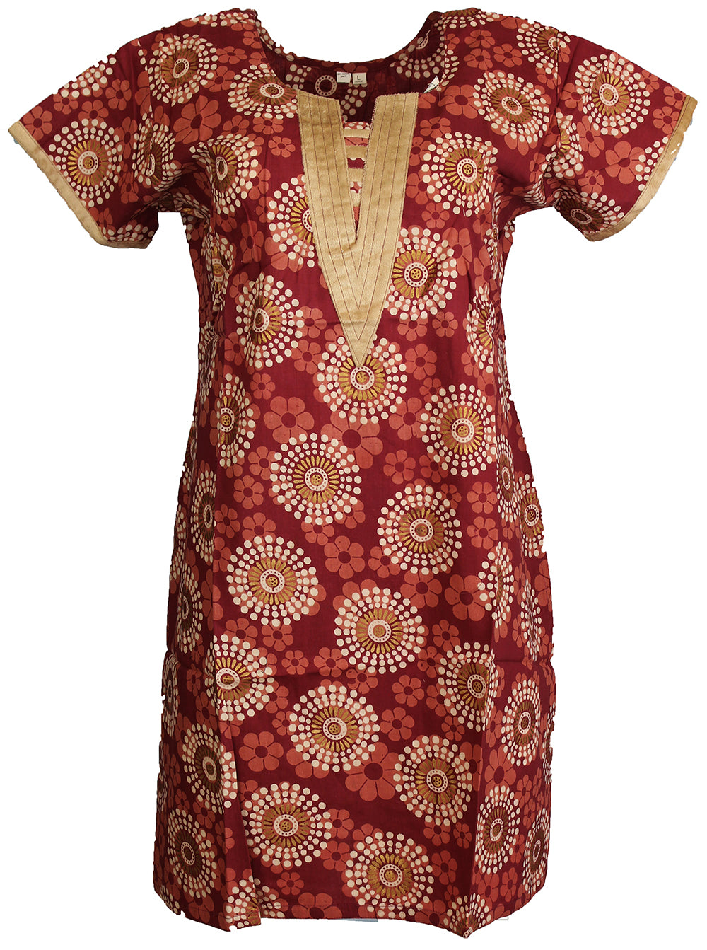 Tunic for Women 100% Cotton Beige Velvet V-Neck Turquoise Kurti White Gold Cirlce Short Sleeves Long Kurta Tunic Top.