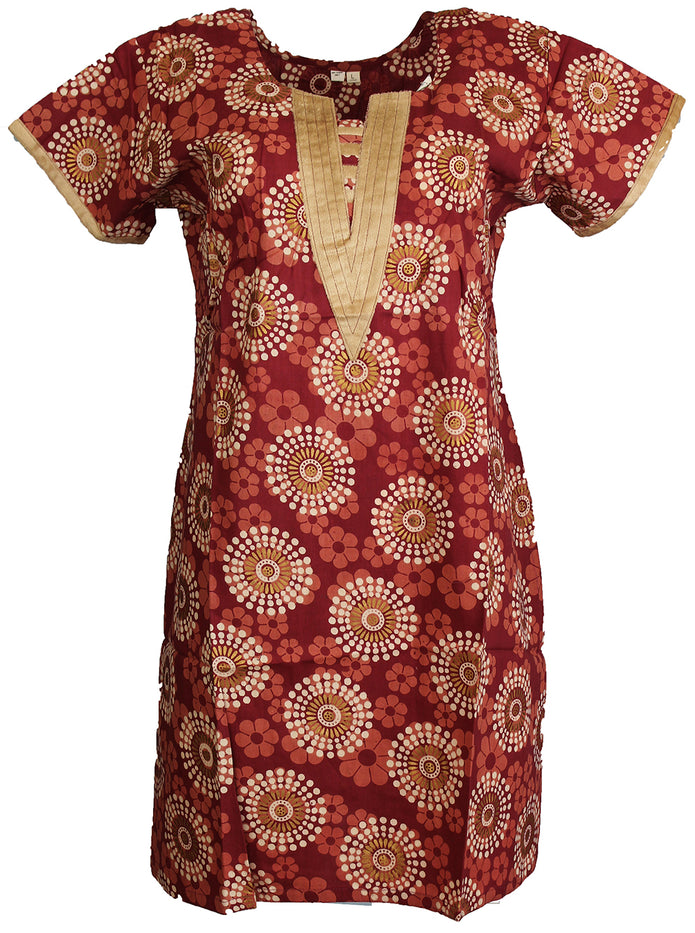 Tunic for Women 100% Cotton Beige Velvet V-Neck Turquoise Kurti White Gold Cirlce Short Sleeves Long Kurta Tunic Top.