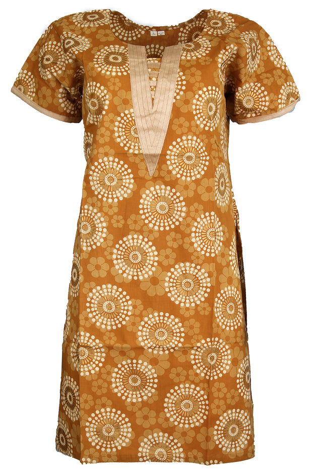 Tunic for Women 100% Cotton Beige Velvet V-Neck Turquoise Kurti White Gold Cirlce Short Sleeves Long Kurta Tunic Top.