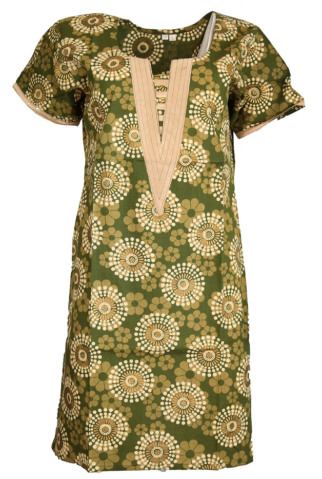 Tunic for Women 100% Cotton Beige Velvet V-Neck Turquoise Kurti White Gold Cirlce Short Sleeves Long Kurta Tunic Top.