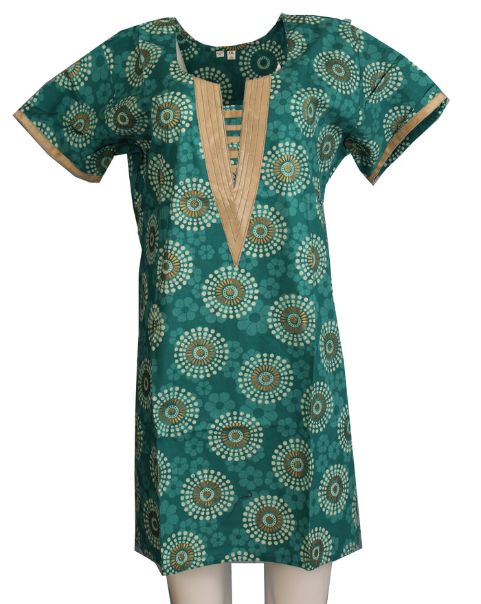 Tunic for Women 100% Cotton Beige Velvet V-Neck Turquoise Kurti White Gold Cirlce Short Sleeves Long Kurta Tunic Top.