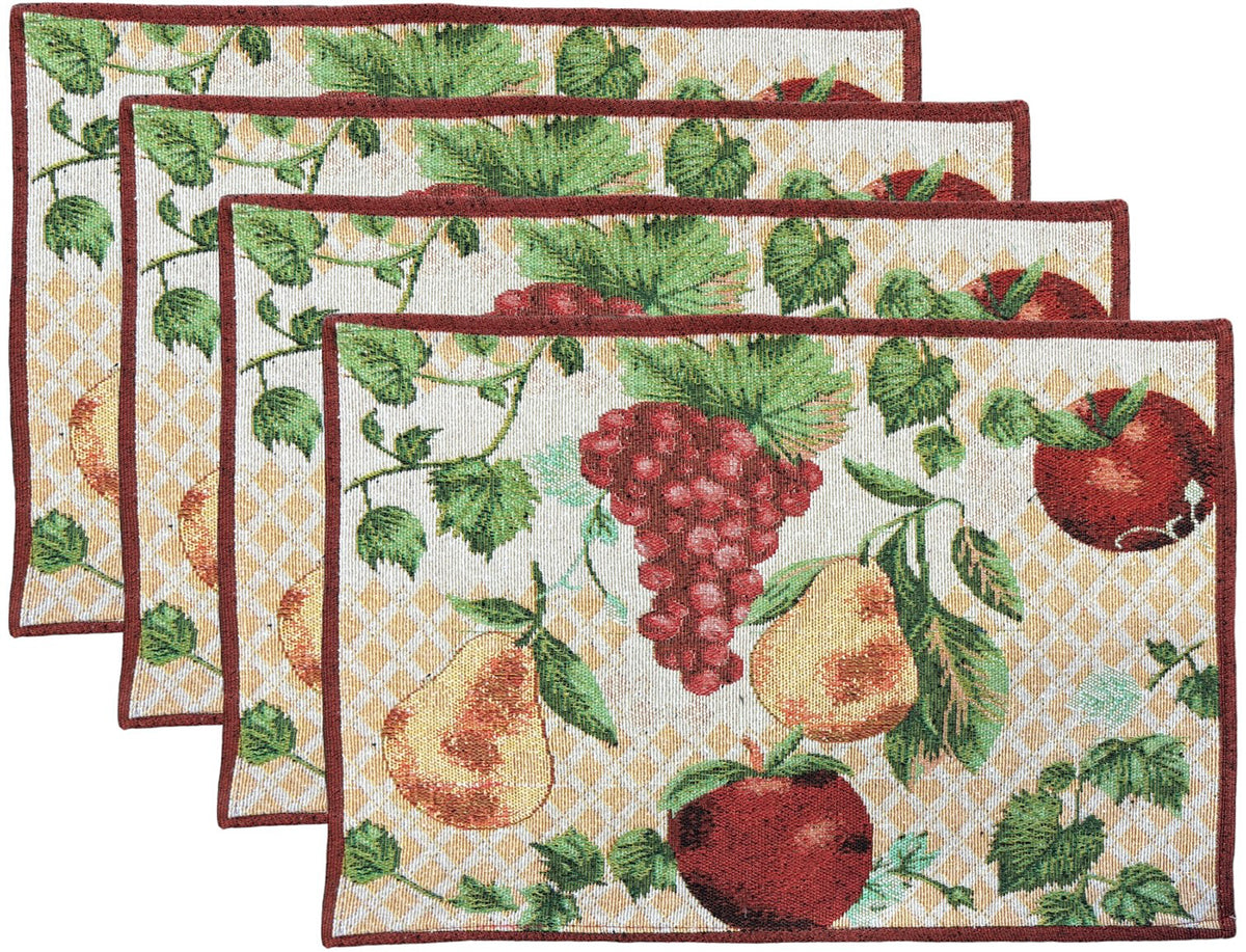 Set of 4, Mix Fruit Design Apple, Pear, & Grape Trellis Tapestry placemats for Kitchen Dining Table Mats, Easy to Clean, Machine Washable. Size: 13" x 19".