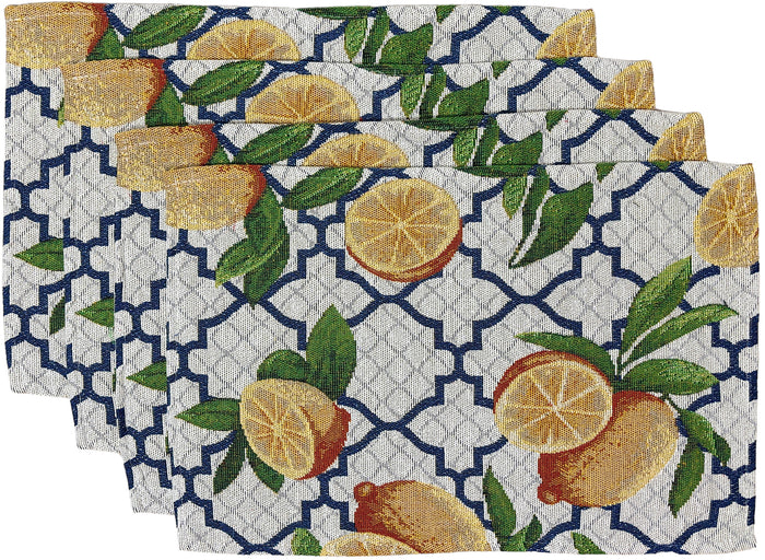 Set of 4, Quatrefoil and Lemon Design Tapestry placemats for Kitchen Dining Table Mats, Easy to Clean, Machine Washable. Size: 13" x 19".