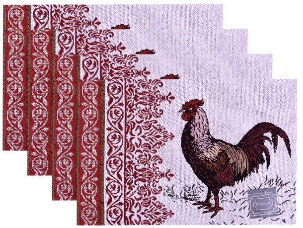 Set of 4, Colorful Rooster Printed Tapestry placemats for Dining Table, Table mat for Kitchen Table, Easy to Clean, Machine Washable Size: 13 x 19 Inches.