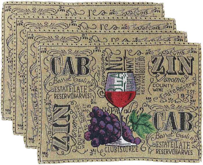 Set of 4, Country Wine Glass of Wine, Grape with CABZIN Design Tapestry Placemats for Dining Table, Table mat for Dining Room Easy to Clean, Machine Washable Size: 13” x 19”.