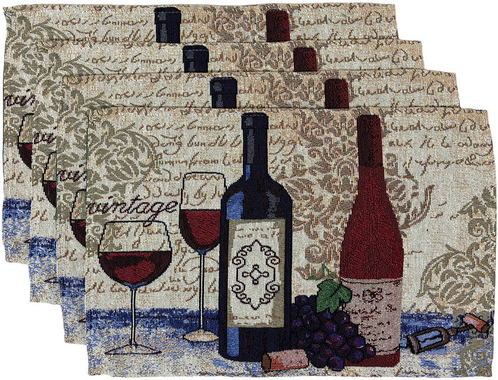 Set of 4, Red, Grape Wine Bottle and Grape with Red Wine Glass Design Tapestry Placemats for Dining Table, Table mat for Dining Room Easy to Clean, Machine Washable Size: 13” x 19”.