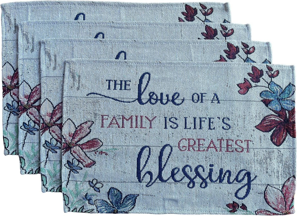 Set of 4, Floral Design with The love of a family is life's greatest blessing Printed Tapestry placemats for Dining Table 13 x 19 Inches.