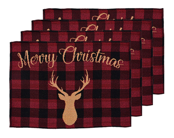 Set of 4, Red and Black Checkered Christmas Reindeer Merry Christmas Tapestry Placemats for Holiday Season, Home Decoration Kitchen Dining Table, Easy to Clean Size: 13" x 19".