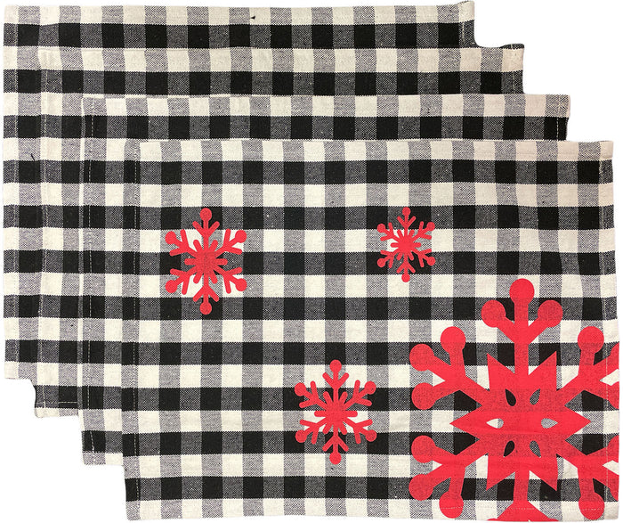 Set of 4, Christmas Tapestry Placemats, Black & White Plaid with Snowflakes, for Holiday Season, Home Decoration Kitchen Dining Table Easy to Clean Size: 13" x 19".