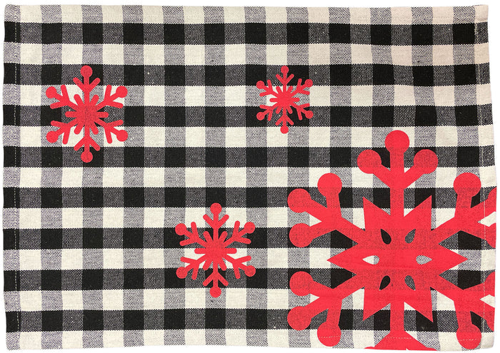 Set of 4, Christmas Tapestry Placemats, Black & White Plaid with Snowflakes, for Holiday Season, Home Decoration Kitchen Dining Table Easy to Clean Size: 13" x 19".