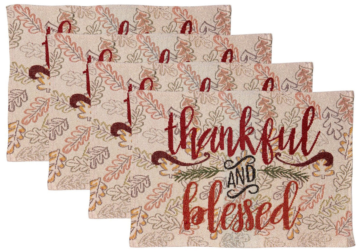 Set of 4, Thankful & Blessed with Leaf Tapestry Placemats for Autumn, Fall, Thanksgiving Kitchen Dining Table Easy to Clean, Machine Washable Size: 13” x 19”.