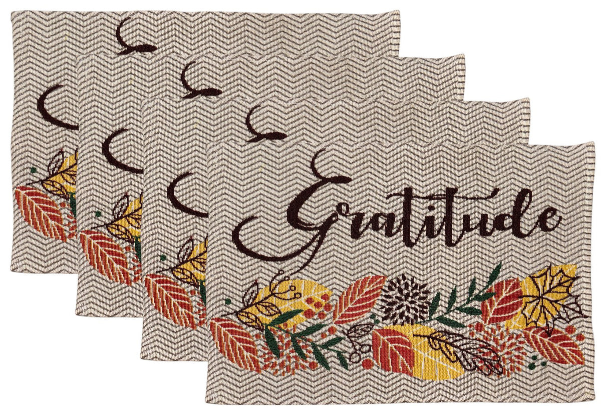Set of 4, Fall Leaf with Gratitude Harvest Tapestry Placemats for Autumn, Fall, Thanksgiving Kitchen Dining Table Easy to Clean, Machine Washable Size: 13” x 19”.