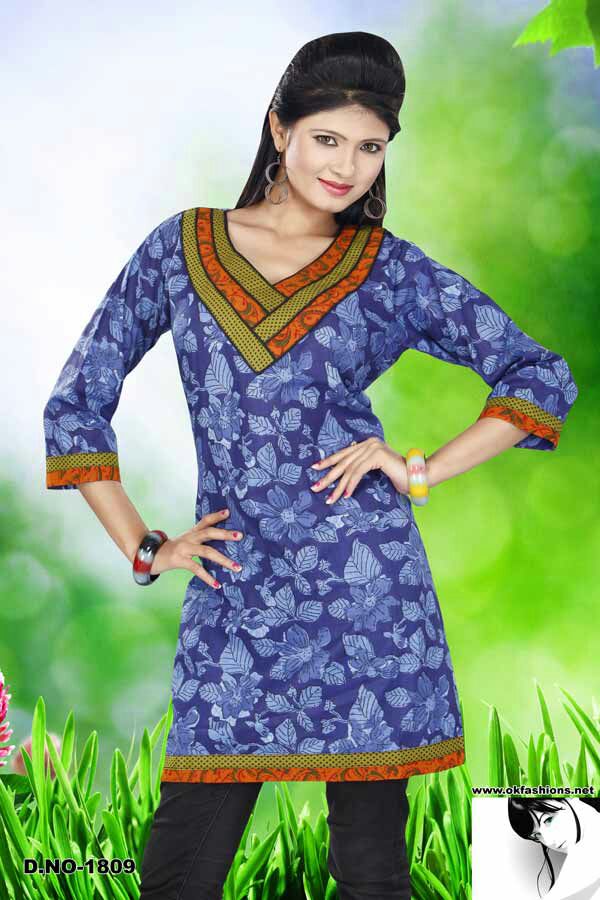 100% Cotton V-Neck Floral Patchwork Olive and Rust Necklace Design Piping Long Kurti Kurta 3/4 Sleeves Tunic Top.