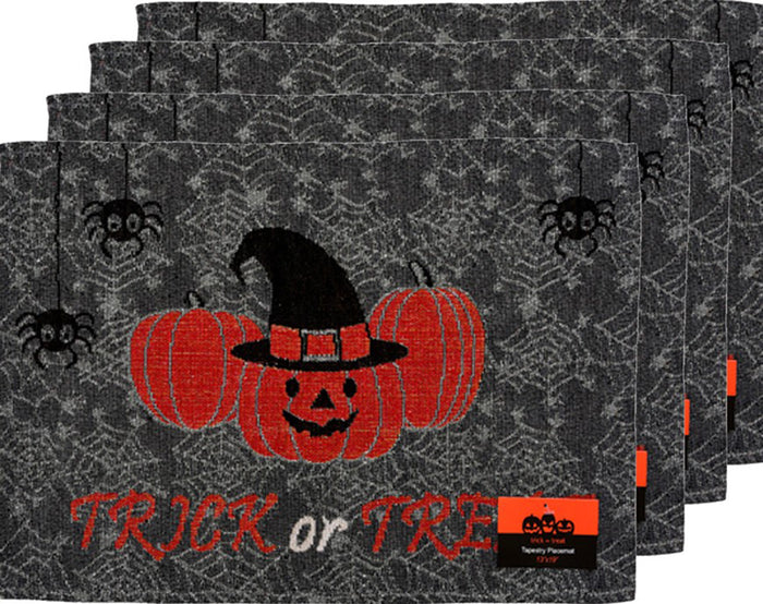 Set of 4, Spooky Jack-o Lantern hanging Spider TRICK or TREAT Tapestry Placemats, Dining Table, Table mat for Dining Room Easy to Clean, Machine Washable Size: 13” x 19”.