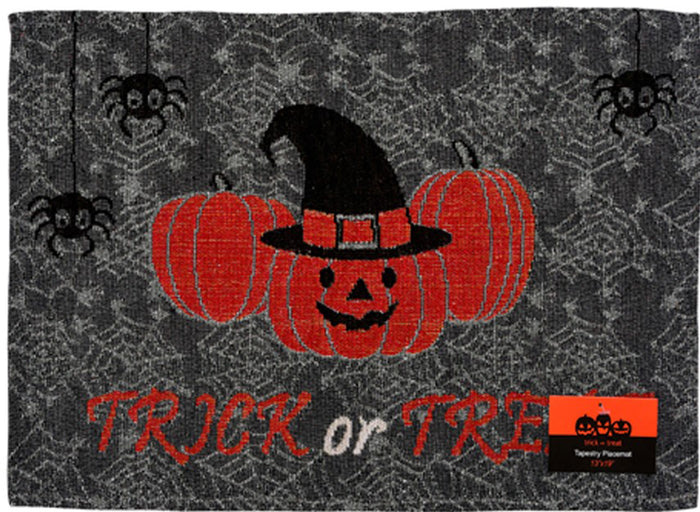 Set of 4, Spooky Jack-o Lantern hanging Spider TRICK or TREAT Tapestry Placemats, Dining Table, Table mat for Dining Room Easy to Clean, Machine Washable Size: 13” x 19”.