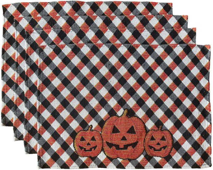 Set of 4, Halloween Design Jack-o-Lantern Pumpkin Orange and Black Plaid Tapestry Placemats Dining Table, Table mat for Dining Room Easy to Clean, Machine Washable Size: 13” x 19”.