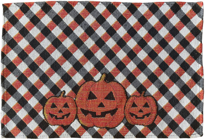 Set of 4, Halloween Design Jack-o-Lantern Pumpkin Orange and Black Plaid Tapestry Placemats Dining Table, Table mat for Dining Room Easy to Clean, Machine Washable Size: 13” x 19”.