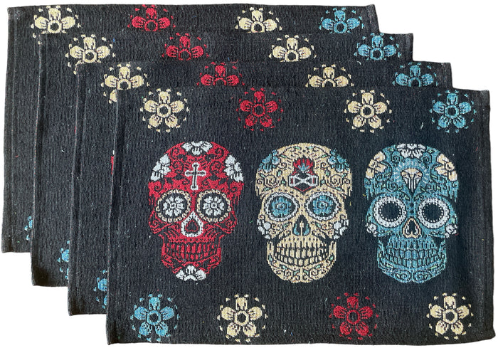 Set of 4, Halloween - Day of The Dead - Dia de Los Muertos Tapestry Placemats Dining Table, Table mat for Dining Room Easy to Clean, Machine Washable Size: 13” x 19”.