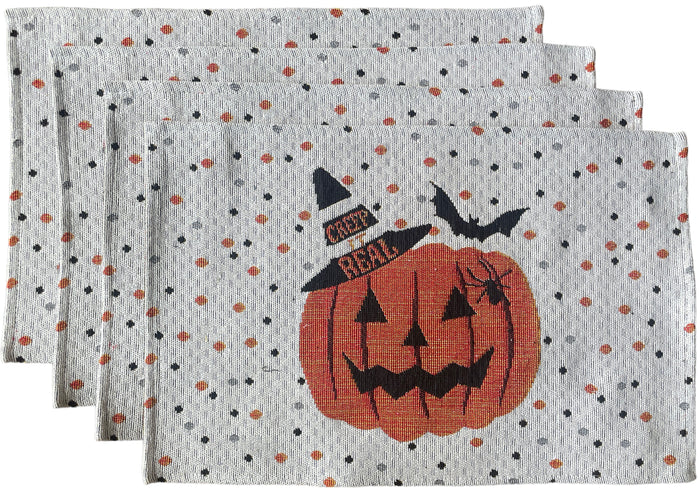 Set of 4, Halloween Jack-o-Lantern Pumpkin, Bat, Witch Cap Tapestry Placemats Dining Table, Table mat for Dining Room Easy to Clean, Machine Washable Size: 13” x 19”.