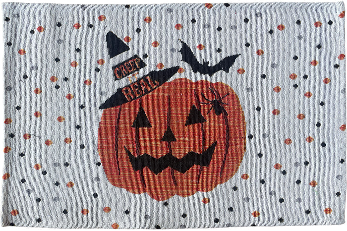 Set of 4, Halloween Jack-o-Lantern Pumpkin, Bat, Witch Cap Tapestry Placemats Dining Table, Table mat for Dining Room Easy to Clean, Machine Washable Size: 13” x 19”.