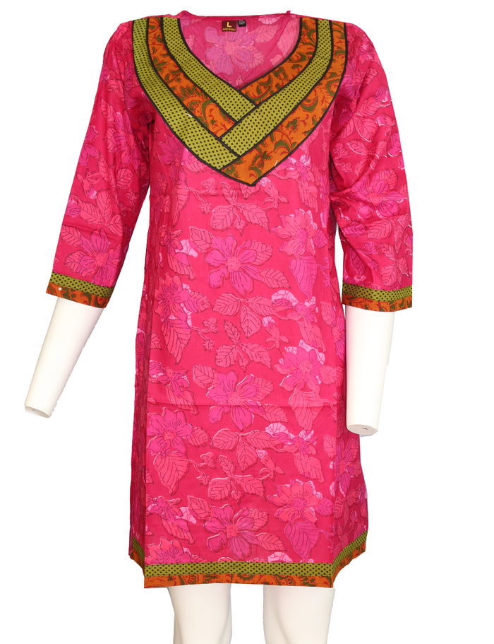 100% Cotton V-Neck Floral Patchwork Olive and Rust Necklace Design Piping Long Kurti Kurta 3/4 Sleeves Tunic Top.