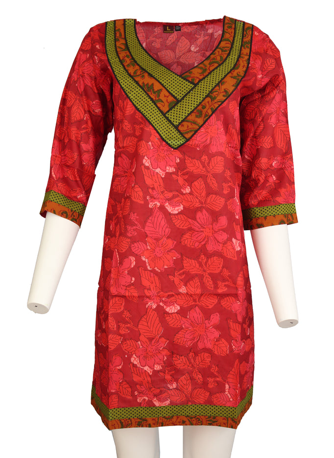 100% Cotton V-Neck Floral Patchwork Olive and Rust Necklace Design Piping Long Kurti Kurta 3/4 Sleeves Tunic Top.