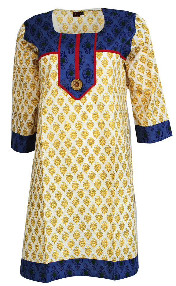 100% Cotton Round Neck Floral Design with Patch Work and Piping Long Kurti Kurta 3/4 Sleeves Tunic Top, Slit Open on side.