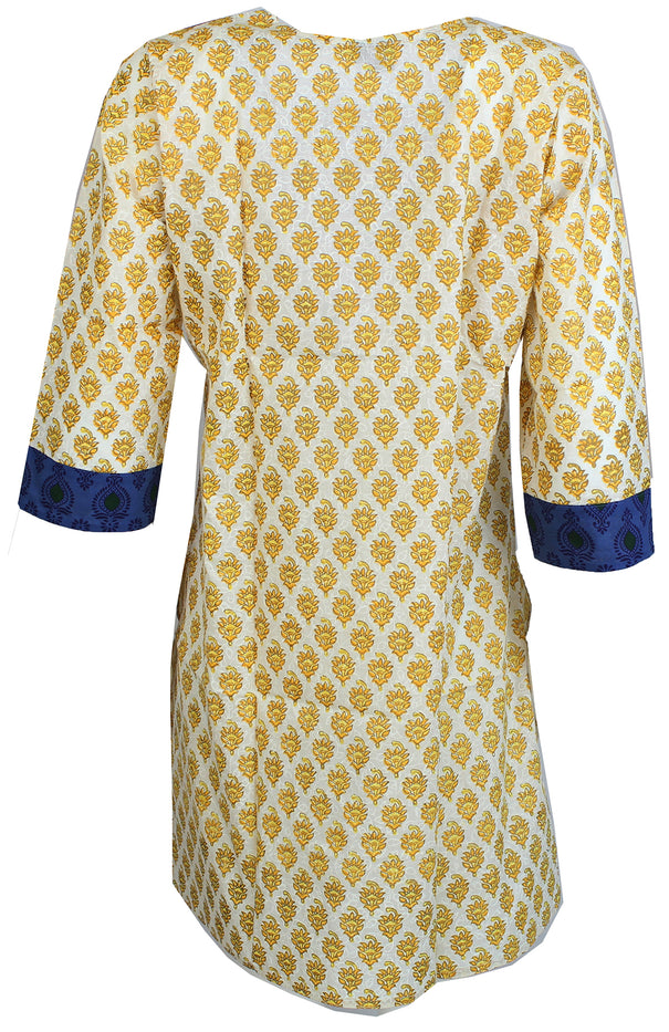 100% Cotton Round Neck Floral Design with Patch Work and Piping Long Kurti Kurta 3/4 Sleeves Tunic Top, Slit Open on side.